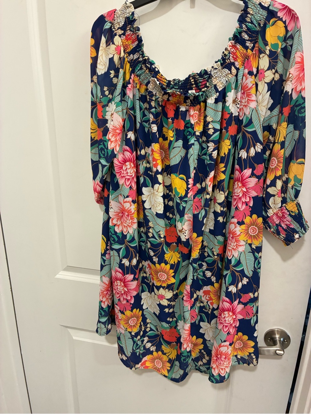 Umgee Navy Floral Off-Shoulder Mini Dress with Pink & Yellow Flowers - Picture 2 of 4